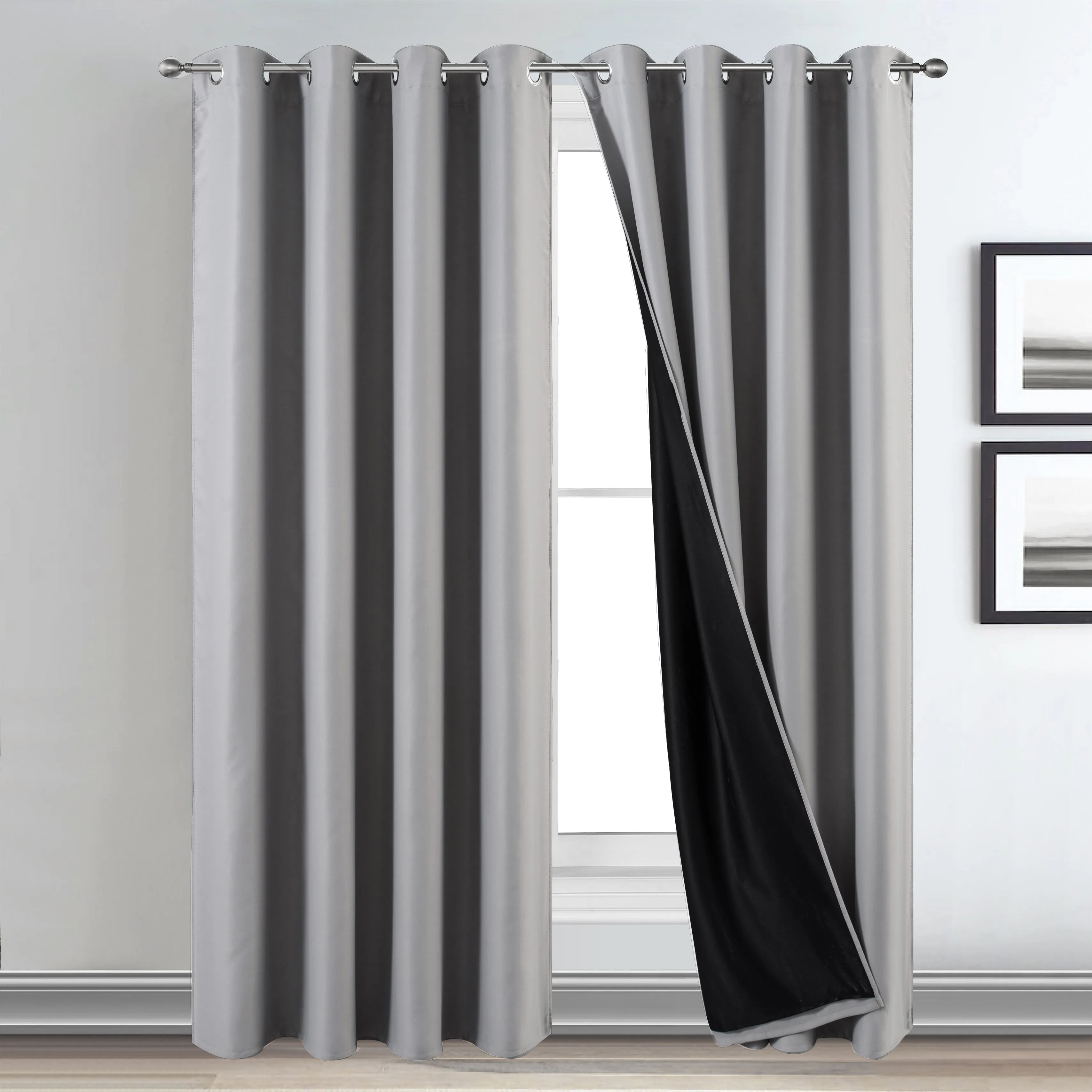 Thermal Lined Grey Blackout Curtains Eyelet Ring Top with Matching Tiebacks