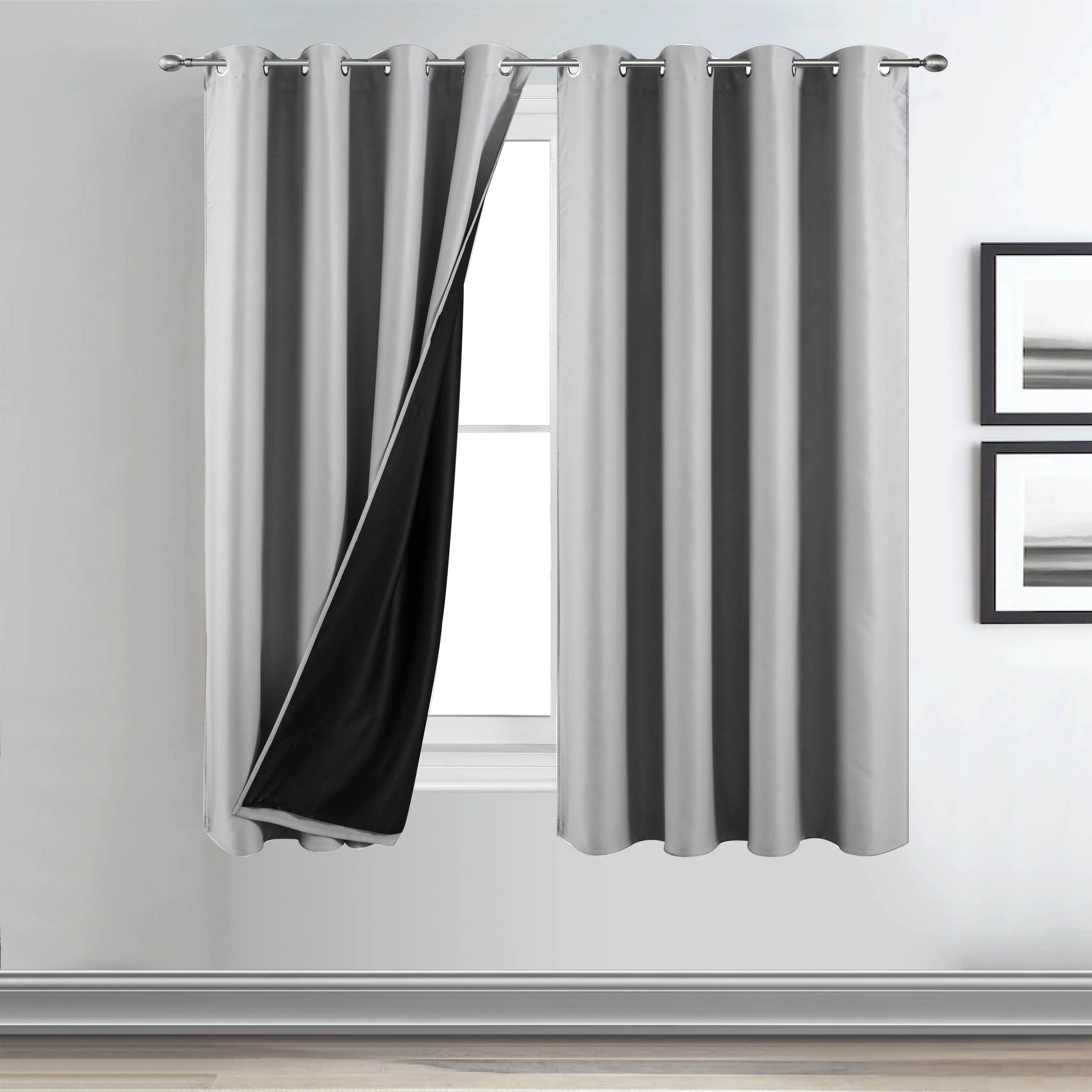 Thermal Lined Grey Blackout Curtains Eyelet Ring Top with Matching Tiebacks