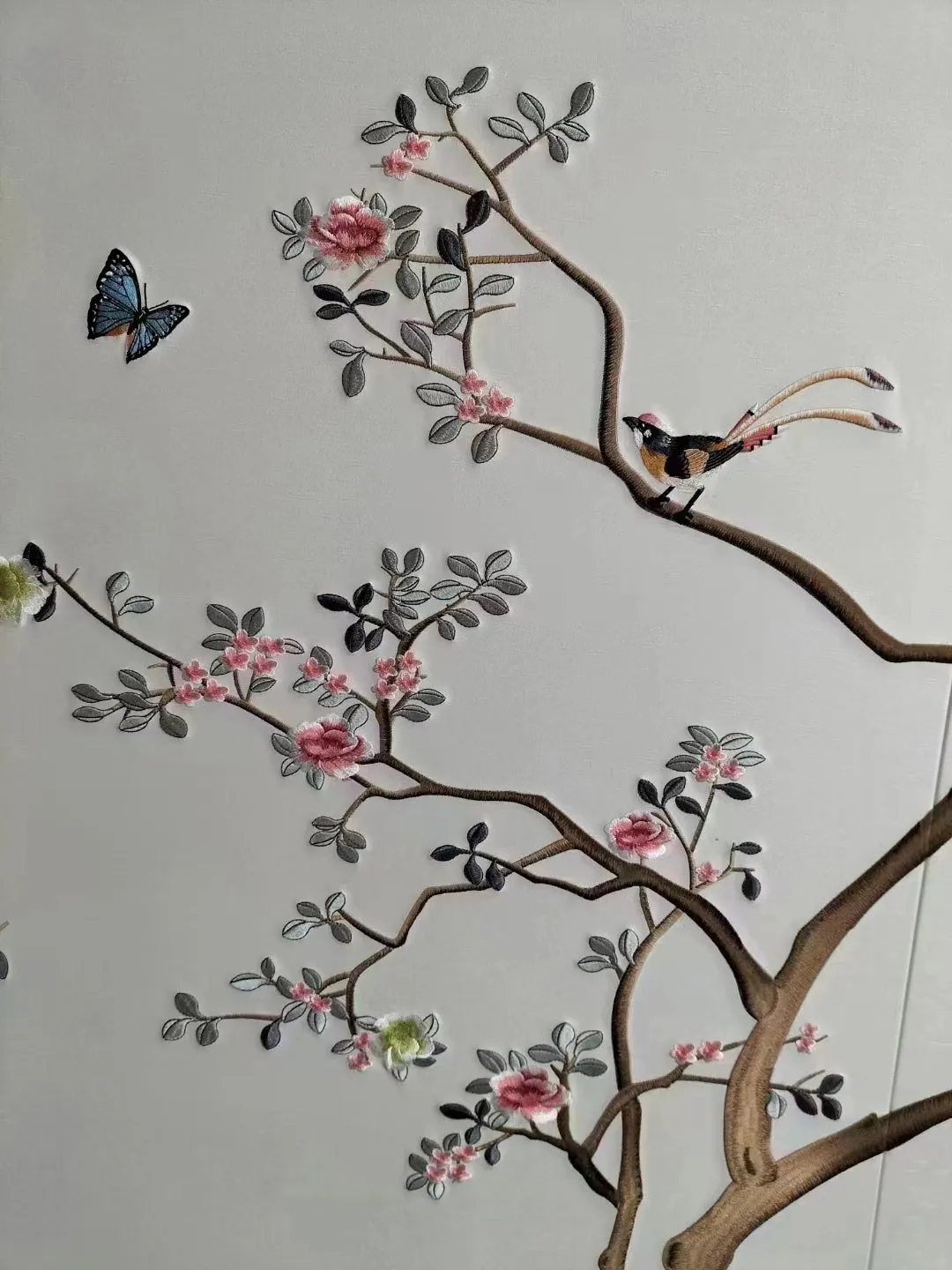 Vintage Wall artwork Chinoiserie Flower Bird painted on Silk Embroidery Wall Decal