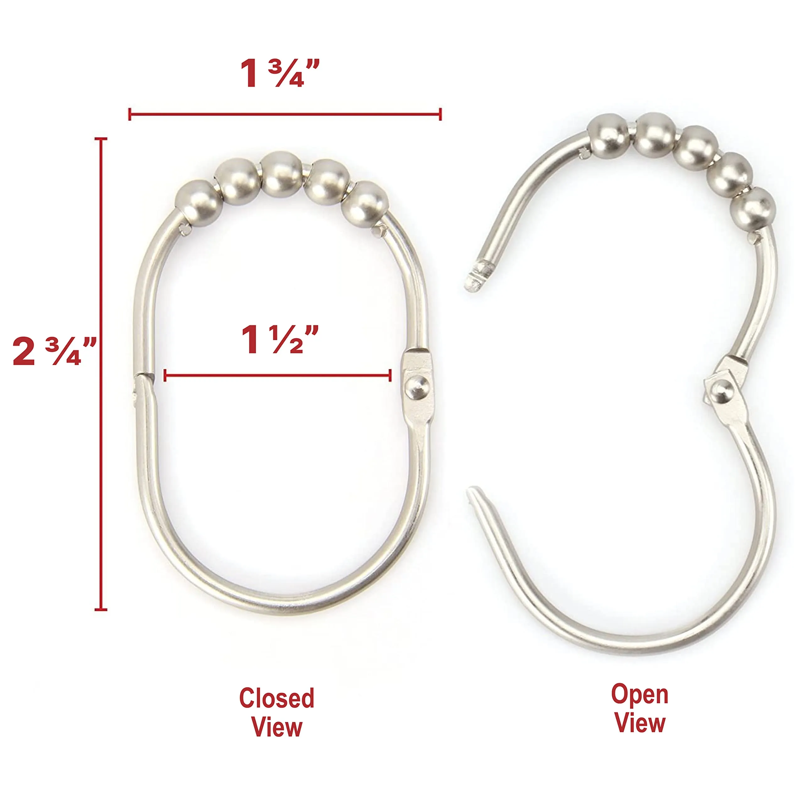 Wide Shower Curtain Rings/Hooks Set, Decorative Brushed Satin Nickel Finish, Easy Glide